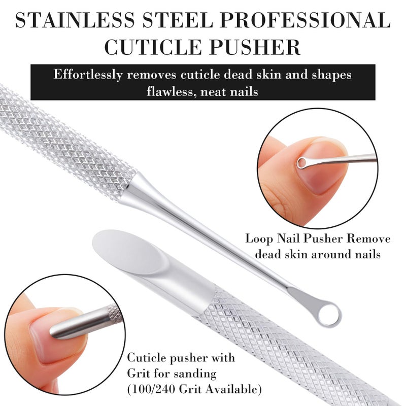 SmallCat 1 Pcs Cuticle Pusher Tool with 100#/240# Grit Nail Files, Metal Cuticle Tools, Stainless Steel Round Manicure Tools for Manicure Pedicure Nail Art, Salon, Home Use - Image 3